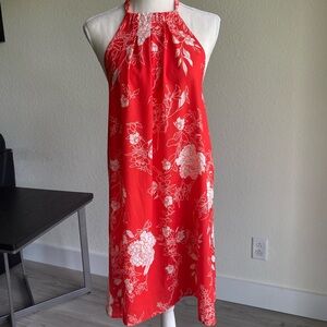 Red and White Tropical Floral Halter Low back Dress